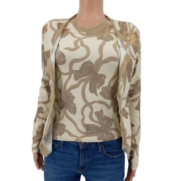 Blumarine Sweaters - Blumarine Top & Cardigan 2 Piece Set Beige Bow Print Gold Metallic Knit 6